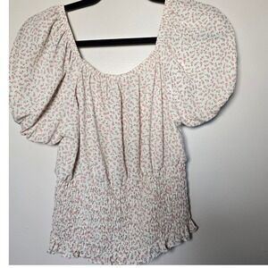Vienna Sky Floral Puff Sleeve Smocked Top Tie Front Cream Pink - Large